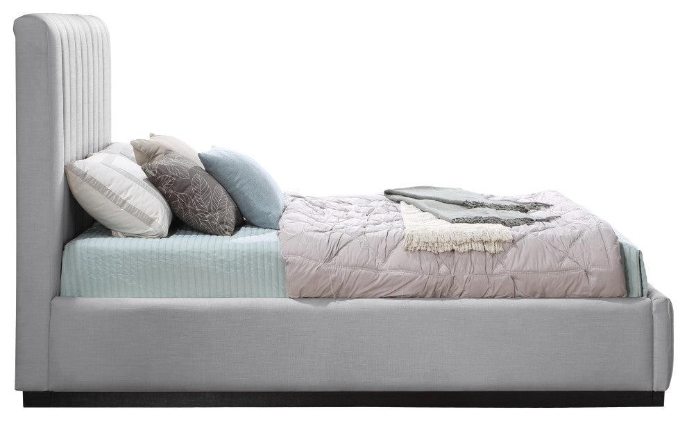 Lucia Beige Linen Textured Fabric Full Bed, Gray, Queen, Black Finish