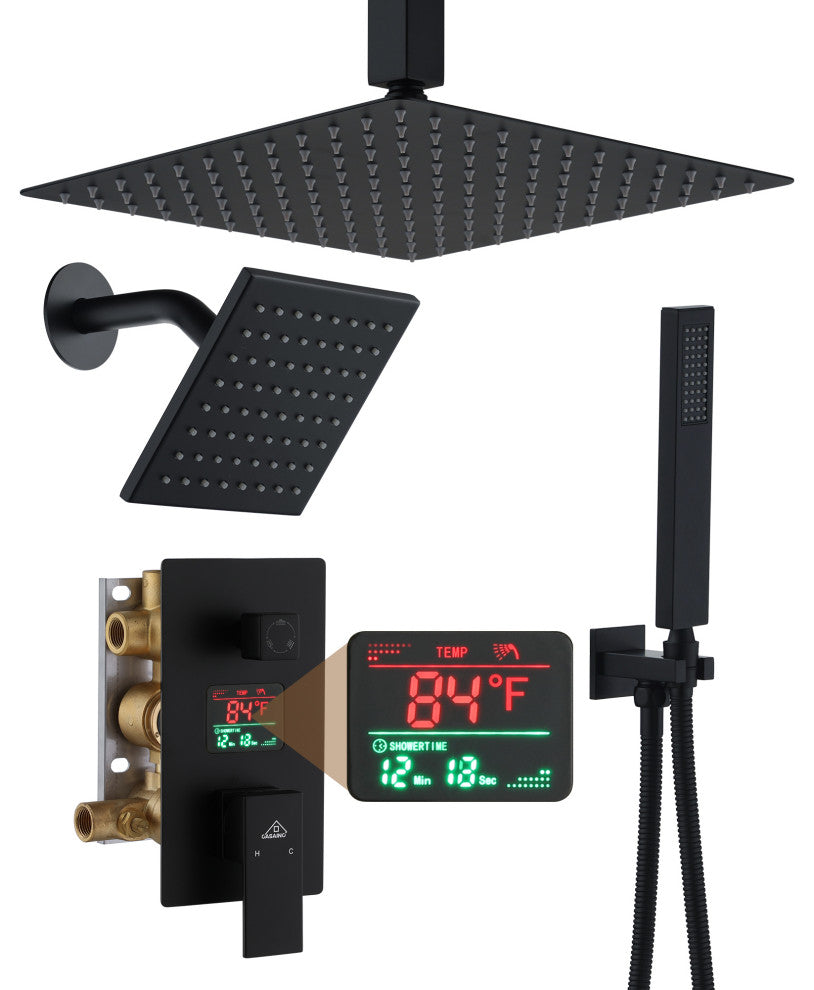 3 Function Wall Mounted Digital Display Shower System, Matte Black