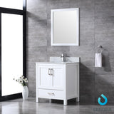 30" White Single Vanity, White Carrara Marble Top, White Sink and 28" Mirror