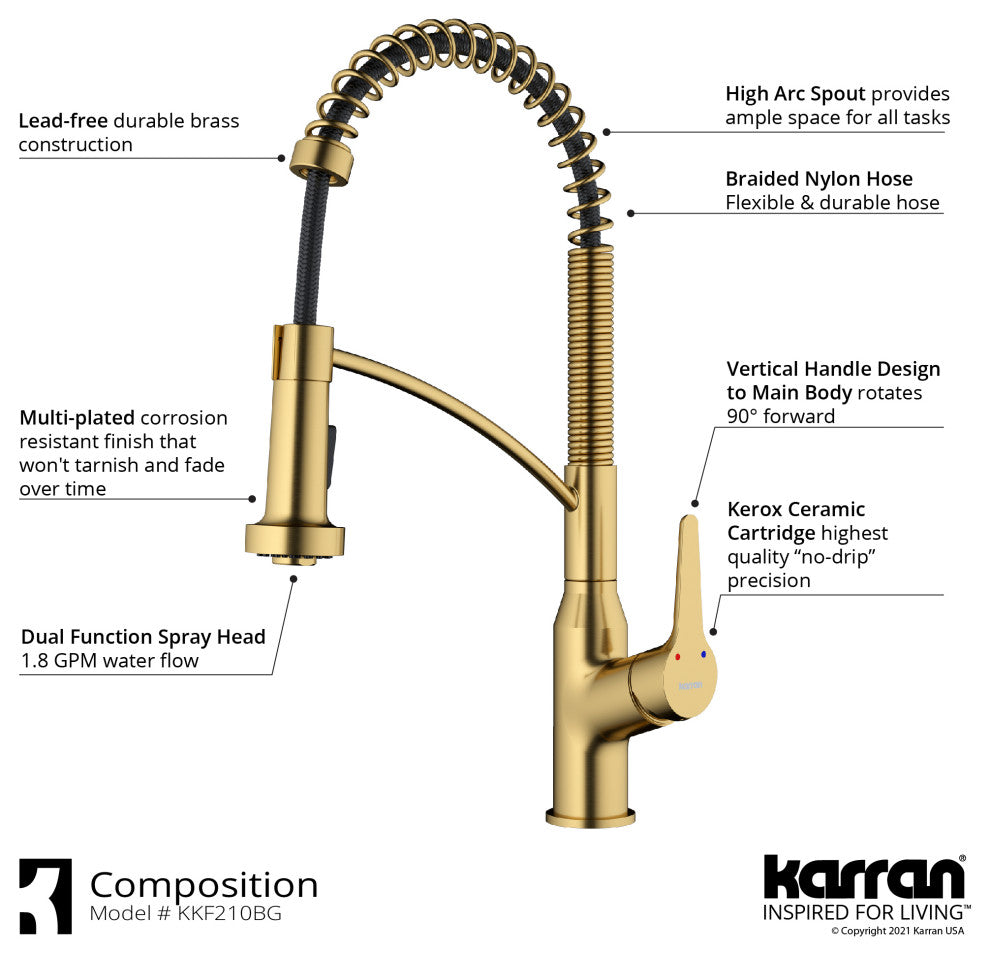 Karran Single-Handle Pull-Down Sprayer Kitchen Faucet, Brushed Gold