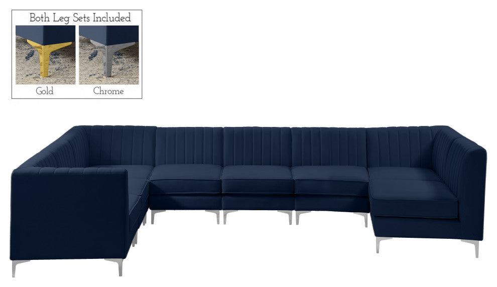 Alina Velvet Modular U-Shaped Sectional, Navy, 8-Piece: 5 Armless Chair, 3 Corner Chair