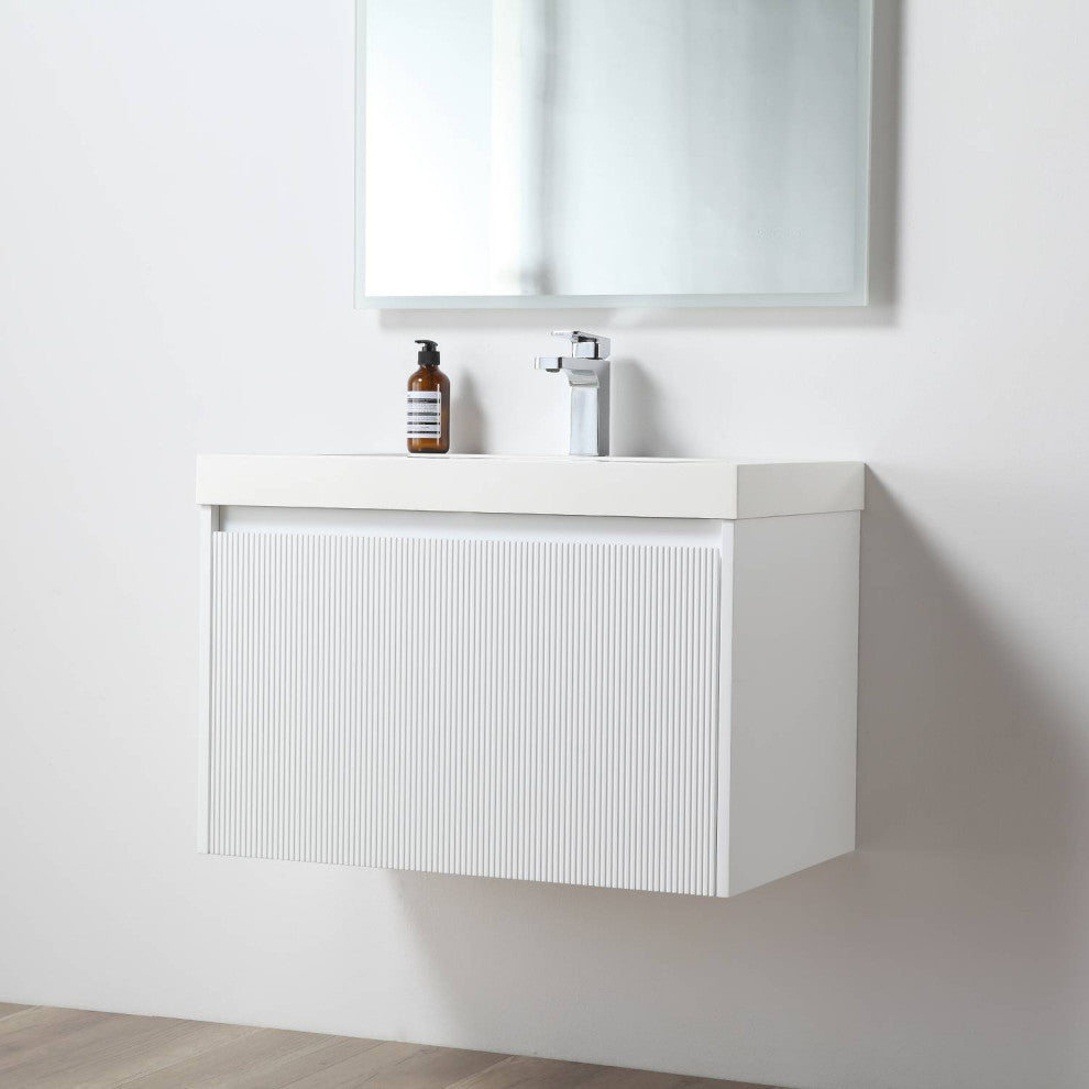 Floating Bathroom Vanity with Sink, Wall Mounted Vanity, White, 30" W/ Sink, Side Cabinet
