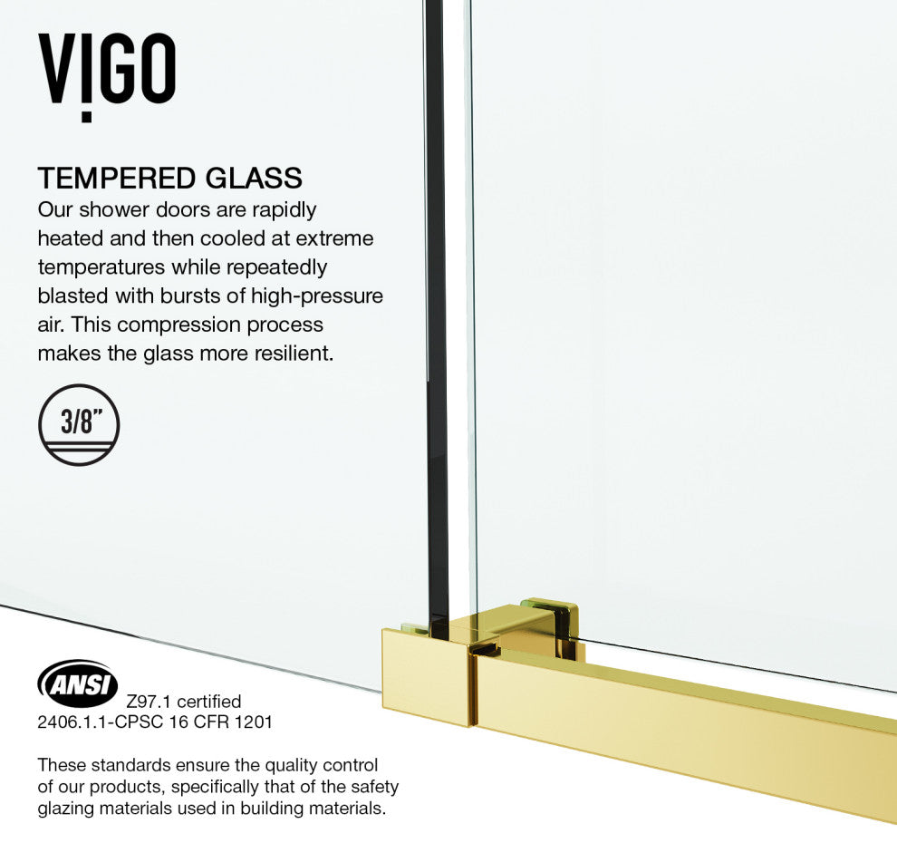 VIGO Elan E-Class 44" to 48" W x 76" H Frameless Sliding Shower Door, Matte Gold, Clear Glass