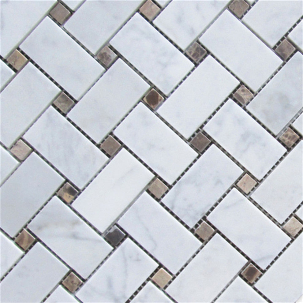 Carrara Venato Marble 1x2 Basketweave Mosaic Tile Brown Dots Honed, 1 sheet