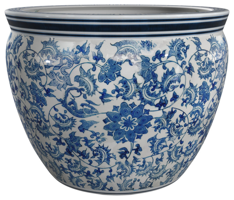 12" Floral Blue and White Porcelain Fishbowl