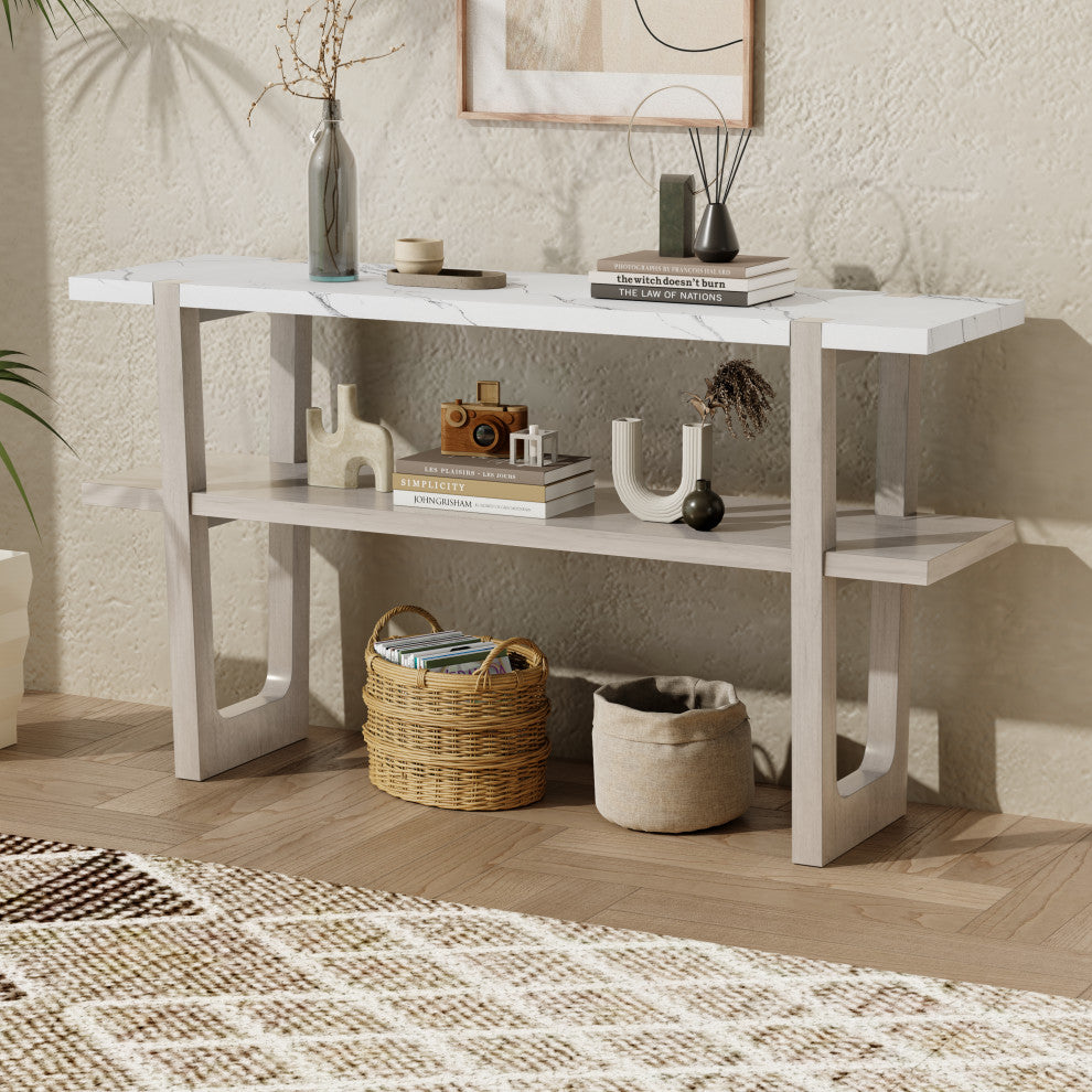TATEUS Narrow Console Table with Marble-Effect Top for Entryway and Living Room, Gray Wash