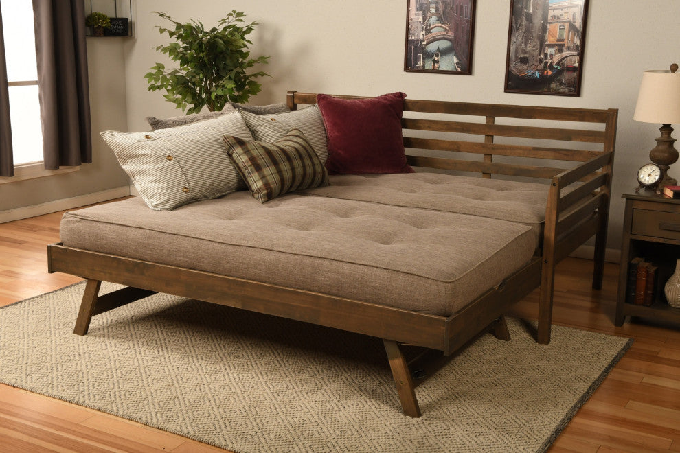 Boho Daybed With Pop Up and Linen Stone Mattresses, Rustic Walnut