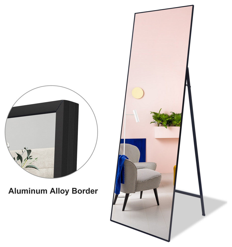 65 inch Rectangular Aluminum Framed Floor Wall Hanging Bedroom Mirror, Black, 22