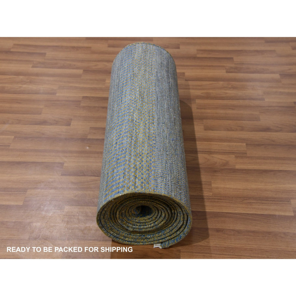 Chelsea Blue XL Runner Grass Design Hand Knotted Dyed Wool Rug, 2'6"x20'