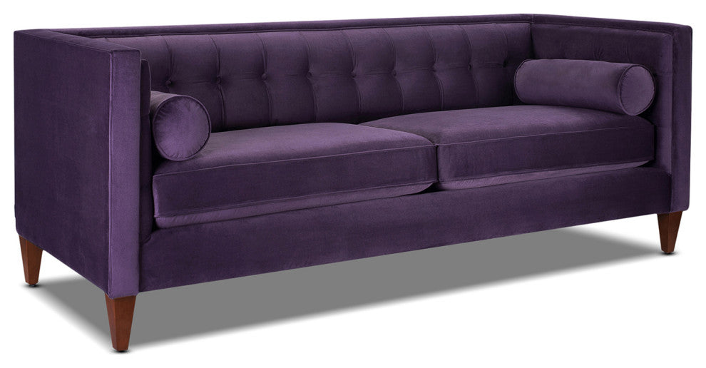 Jack 84" Modern Tuxedo Sofa With Bolster Pillows, Purple Velvet
