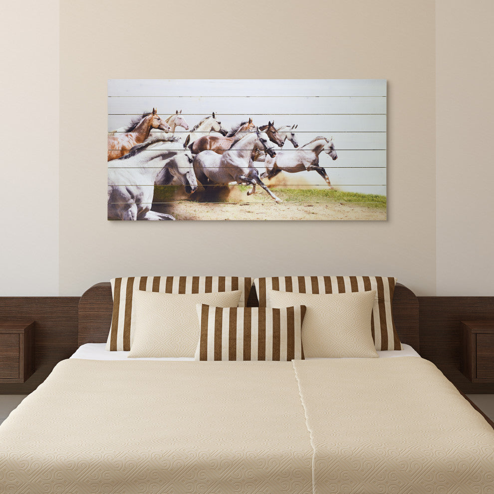 "Charge" Horse Wall Art Printed on Solid Fir Wood Planks