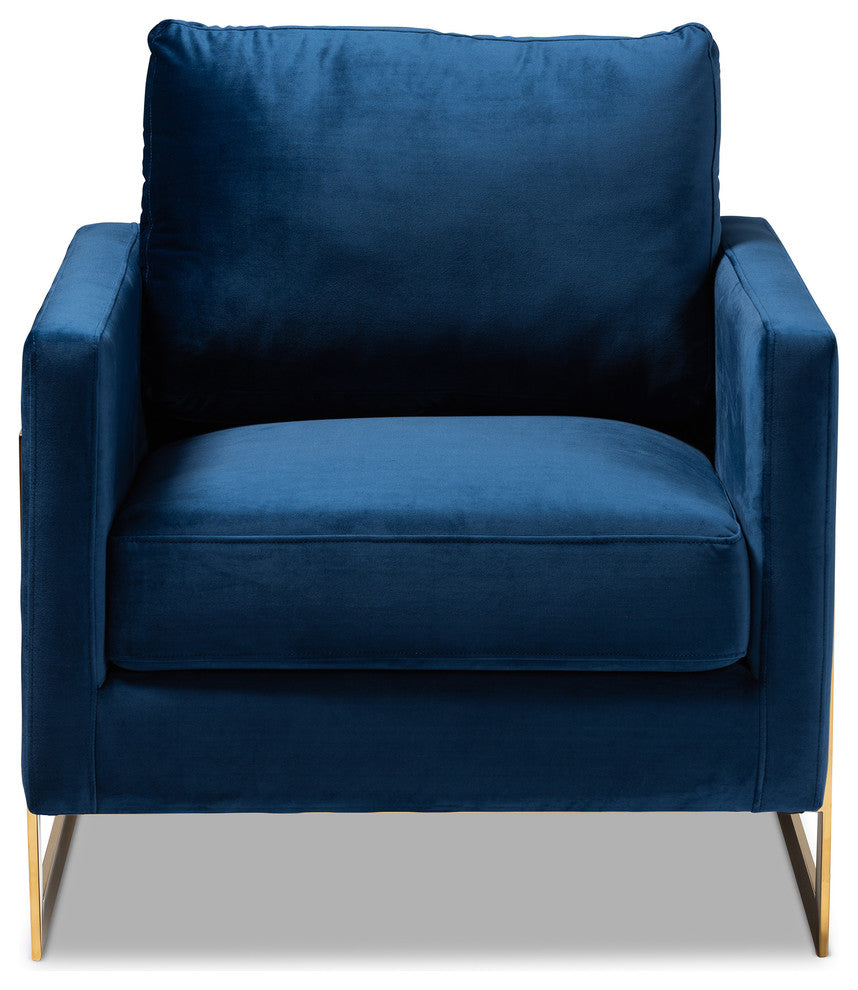 Jezza Glam and Luxe Royal Blue Velvet Fabric Upholstered Gold Armchair