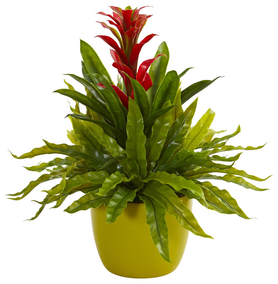 Nearly Natural Bromeliad and Fern Artificial Plant in Green Vase Red