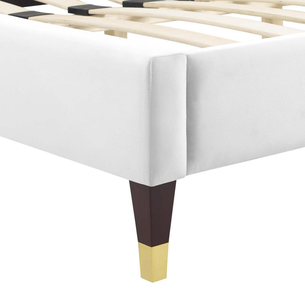 Tufted Platform Bed Frame, Full Size, Velvet, White, Modern Contemporary