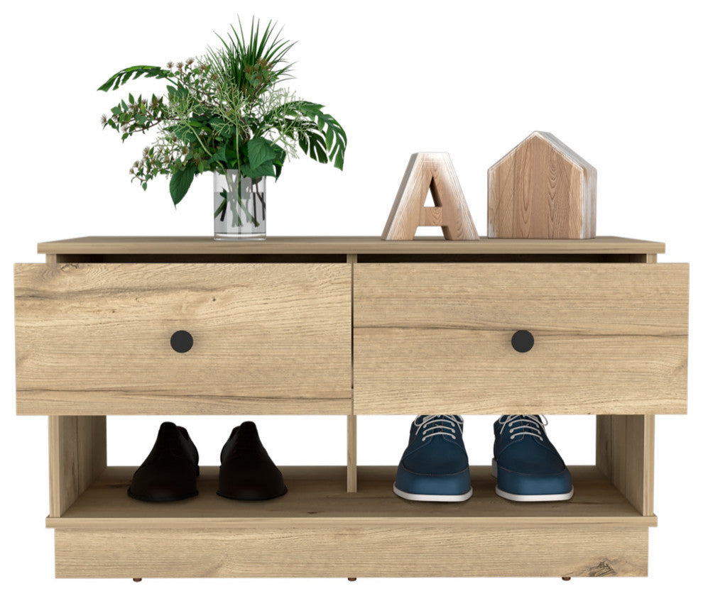 Tulip Storage Bench with 2 Drawers and 2 Open Shelves, Light Oak