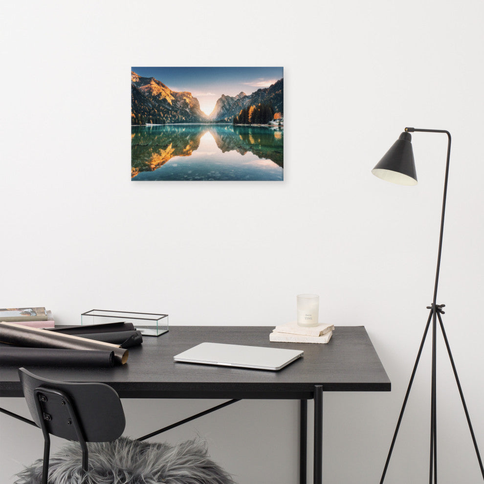 Sunrise Misty Mountain Lake Lively Color Landscape Photo Canvas Art Print, 18" X 24"