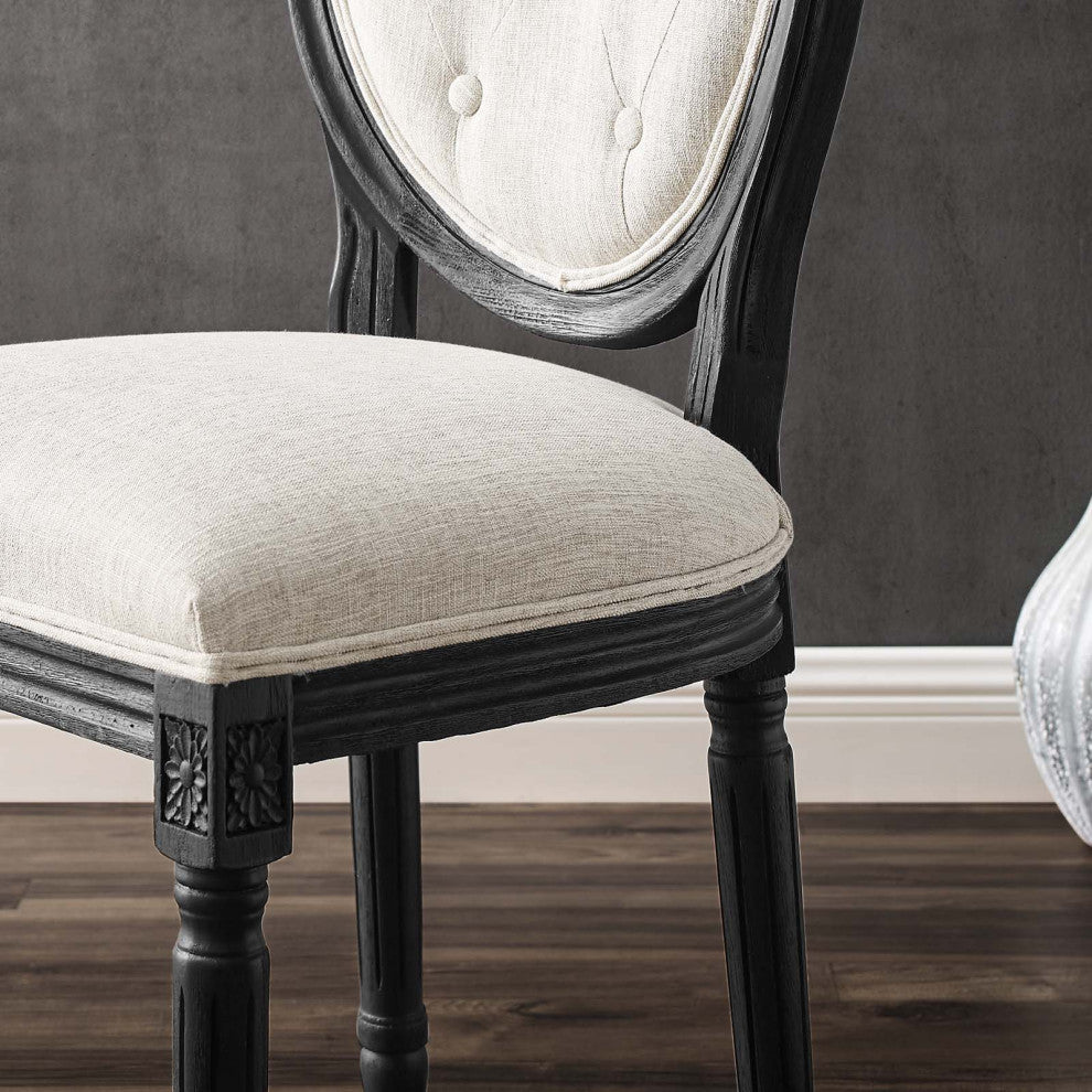French Vintage Side Dining Chair, Fabric, Wood, Black Beige, Modern, Cafe Bistro