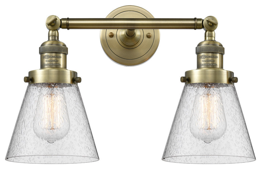 2-Light Small Cone 16" Bath Fixture, Antique Brass, Glass: Seedy