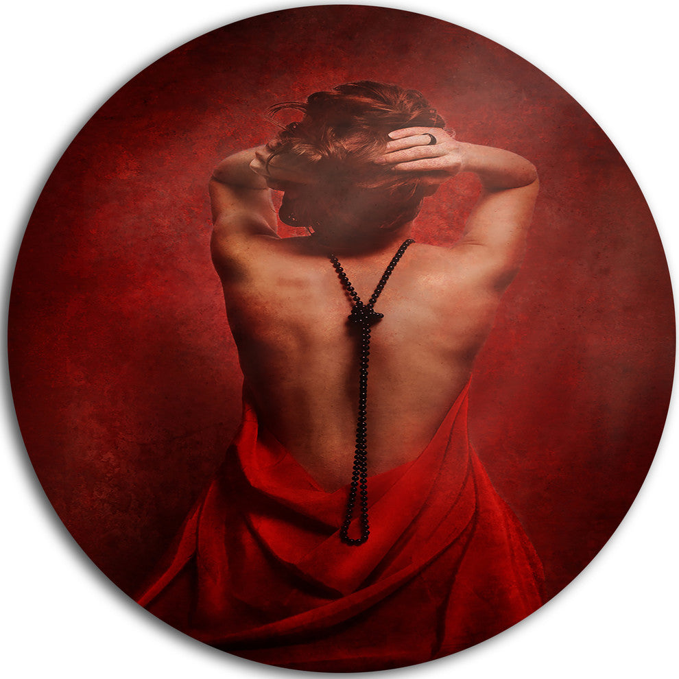Woman In Red, Portrait Contemporary Large Disc Metal Wall Art, 23"