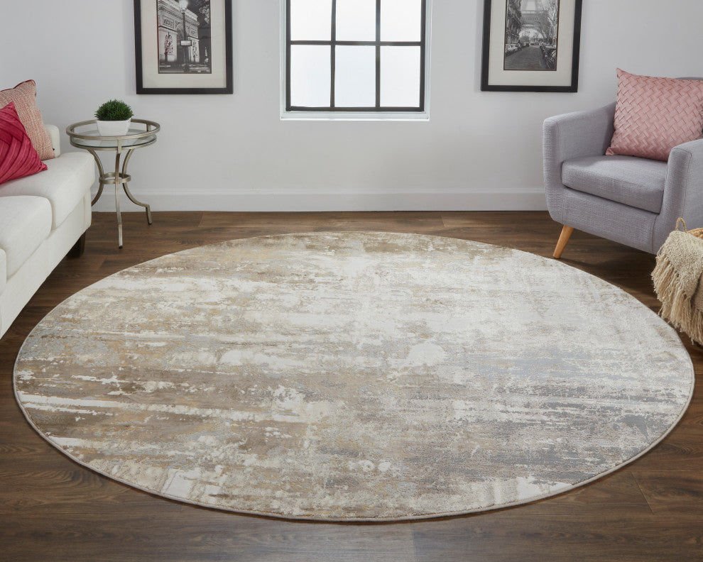 Weave & Wander Frida Distressed Abstract Watercolor Rug, Gray/Beige, 7'9"x7'9" R