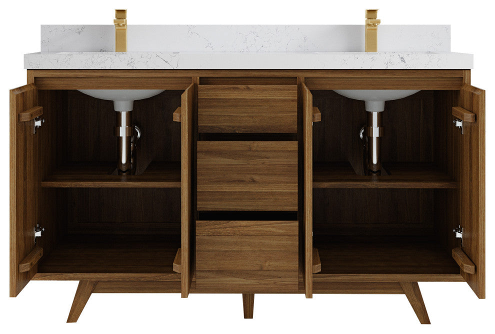 Madison Teak 60 Double Bathroom Vanity in Dark Natural 2" Empira Quartz