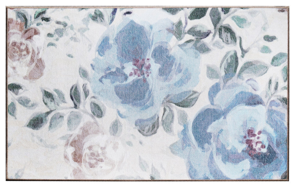 My Magic Carpet Washable Rug Sasha Floral Cream Blue, 3' X 5'