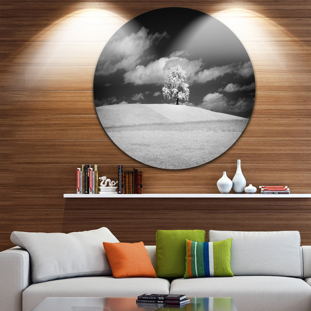 Lonely Tree On Meadow Black White, Landscape Disc Metal Wall Art, 11"