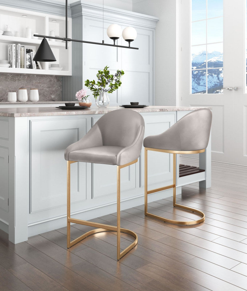Counter Stool Chair, Faux Vinyl Leather, Steel, Gray, Gold, Cafe Bistro