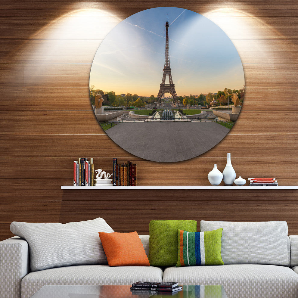 Wide View Of Paris Eiffel Tower At Sunrise, Round Metal Wall Art, 23"