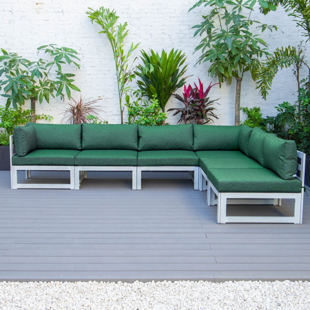 LeisureMod Chelsea 6-Piece Patio Sectional, Weathered Gray Aluminum, Green