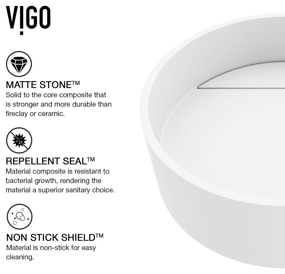 VIGO Montauk 15"L x 15"W x 5"H Matte Stone Round Bathroom Vessel Sink