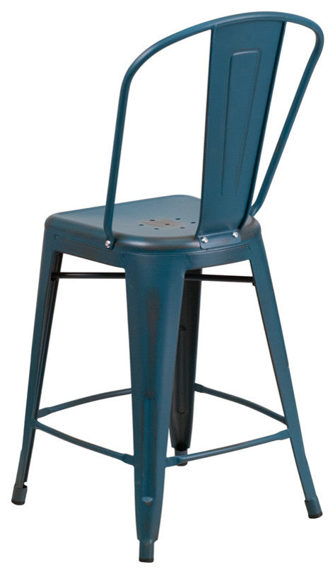 24" High Distressed Kelly Blue-Teal Metal Counter Stool With Back