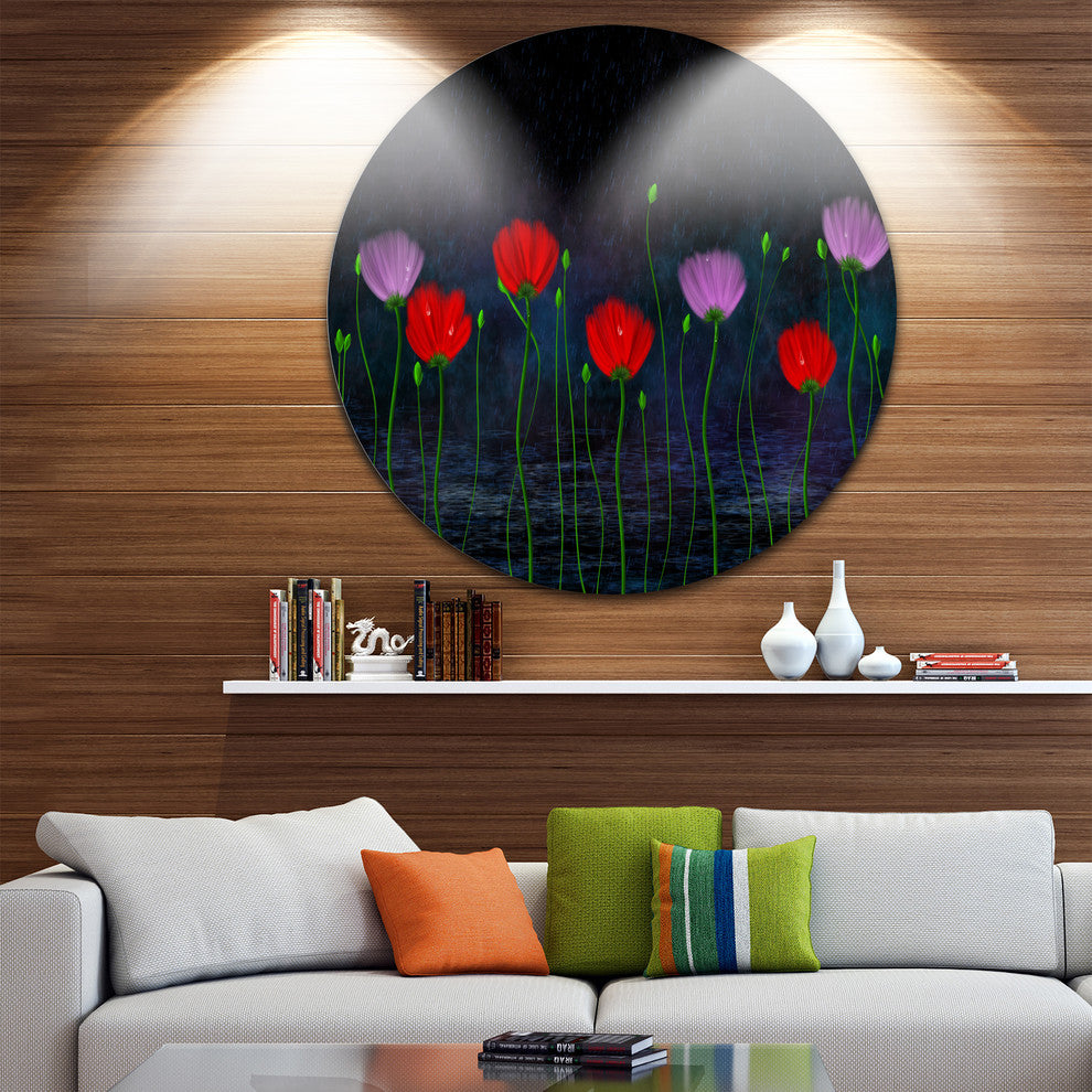 Rain And Flowers With Buds And Drops, Floral Art Disc Metal Art, 11"