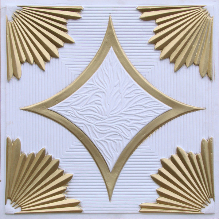 24"x24" D201 PVC Faux Tin Ceiling Tiles Fire Rated, Set of 6, White Matte/Gold