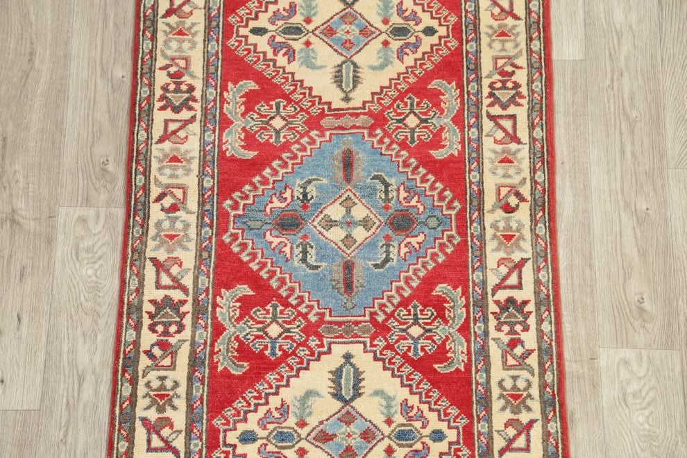Pakistani Traditional Kazak Wool Hand Made Oriental Runner Rug, Red, 7'10"X2'8"