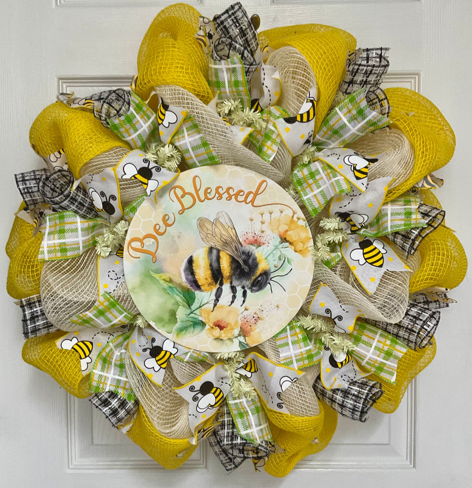 Bee Blessed Welcome Wreath Handmade Deco Mesh 24 inch or 28 inch diameter, Extra Large 28 Inch Diameter