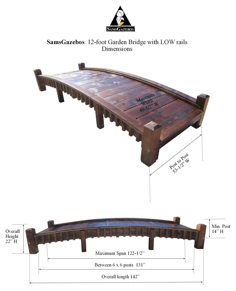 12 ft Commercial Grade Wood Garden Bridge With Low Rails