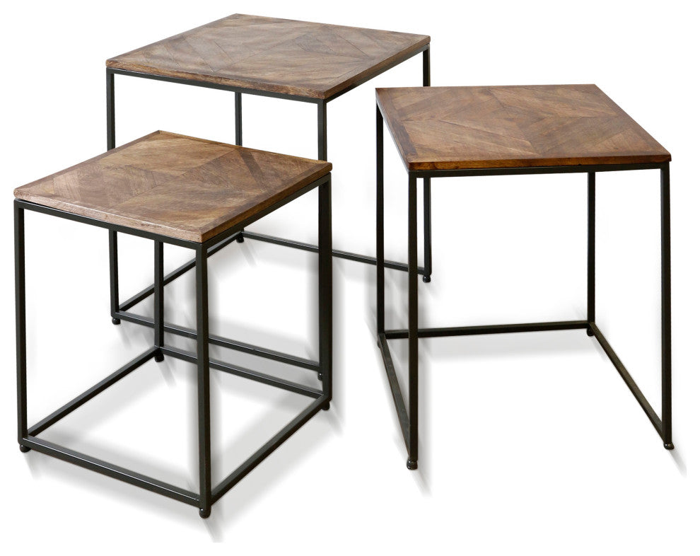 Logan - Set Of Three Nested Side Tables - Dark Wood Finish - Black Iron Frame
