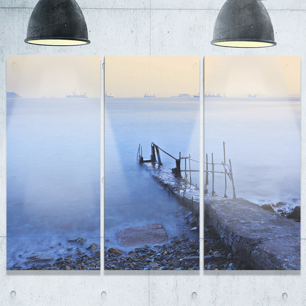"Abandoned Pier into Blue Sea" Sea Bridge Metal Wall Art, 3 Panels, 36"x28"