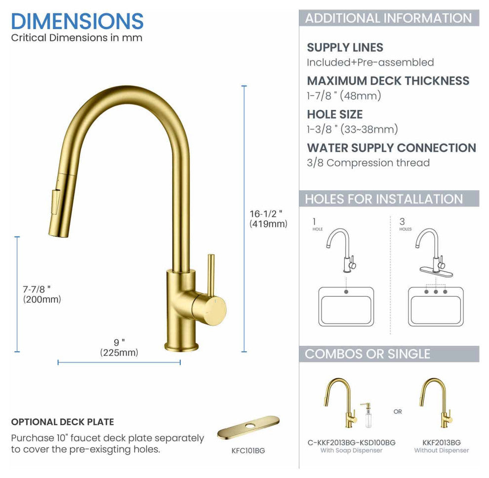 Circular Single Handle Pull Down Kitchen Faucet, Brushed Gold