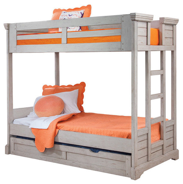 Brylee Twin Over Twin Louvered Bunk Bed, Antique Gray With Twin Trundle