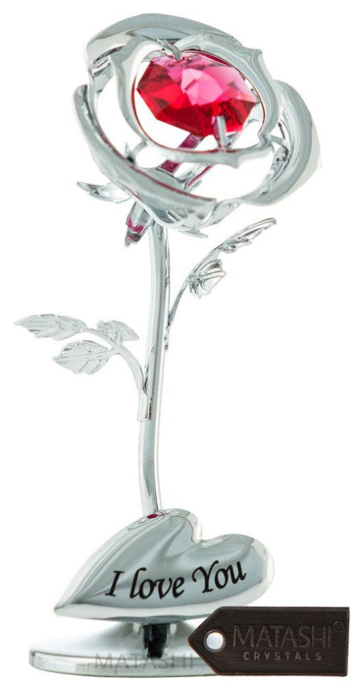 Matashi Chrome Plated Silver Rose Flower Tabletop Ornament With Red Crystals