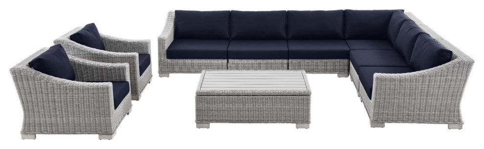 Lounge Sectional Sofa Chair Table Set, Rattan, Gray Blue Navy, Outdoor