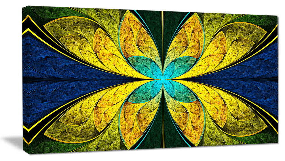 Bright Yellow Blue Fractal Flower, Large Floral Canvas Art Print, 60"x28"
