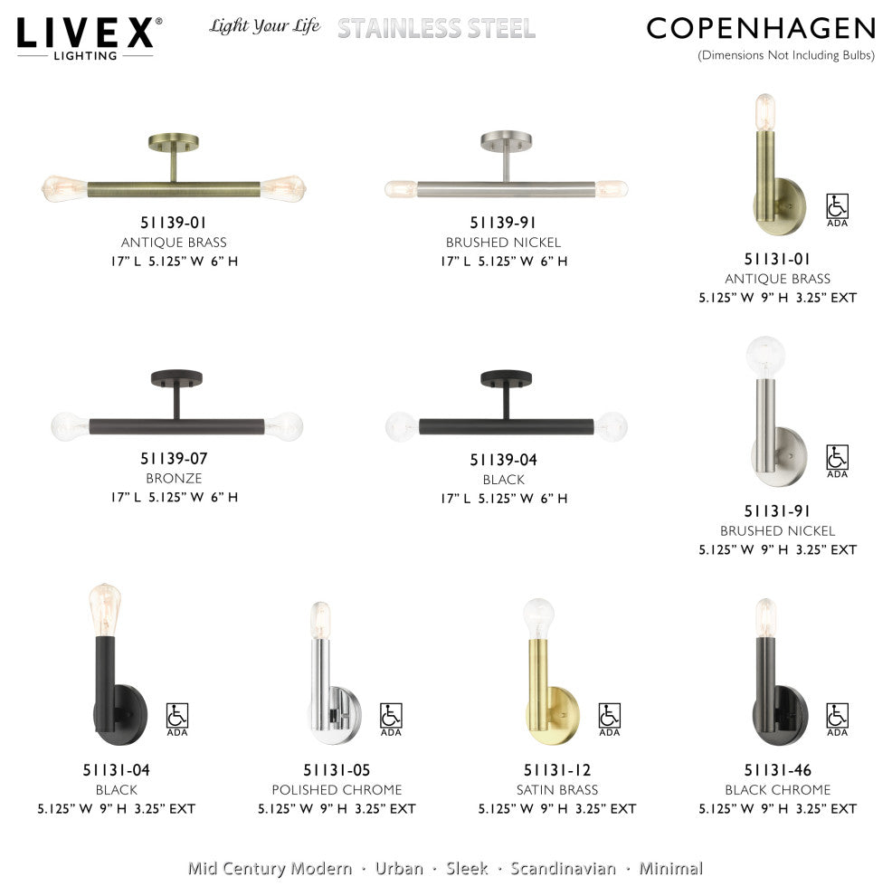 Copenhagen 2-Light Antique Brass Semi-Flush