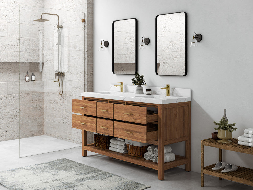 Parker Teak 60" Double Sink Vanity, Golden Teak, 2" White Quartz