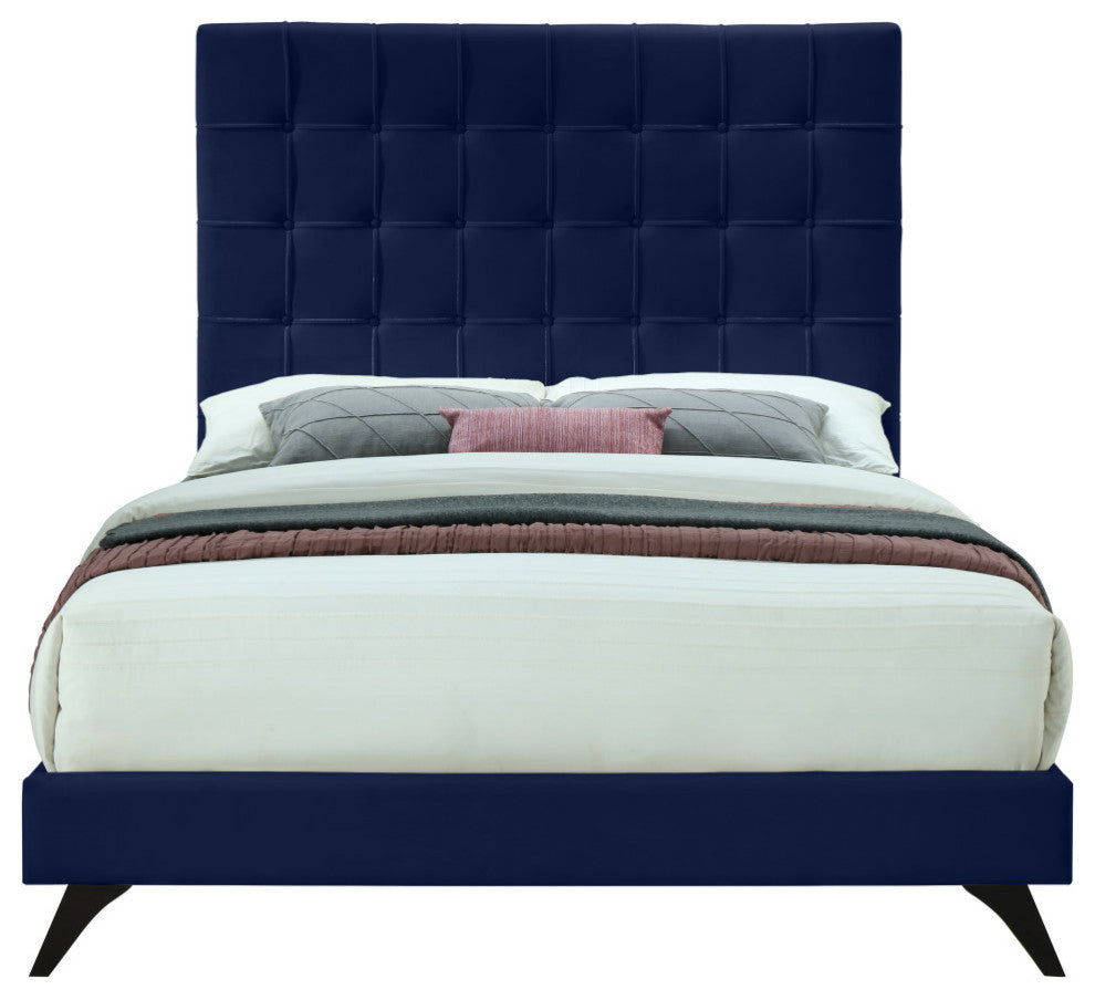 Elly Velvet Upholstered Bed, Navy, Full