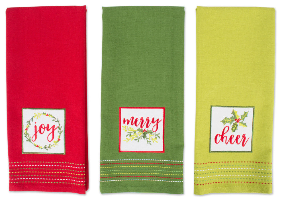 Assorted Holiday Greetings Embellished Dishtowel, Set Of 3