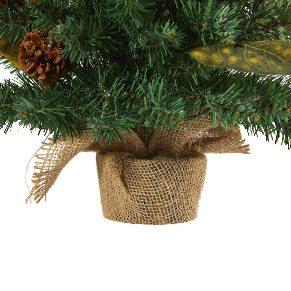 2' Pine, Pinecone & Berries Faux Xmas Tree With 35 Lights & 86 Bendable Branches