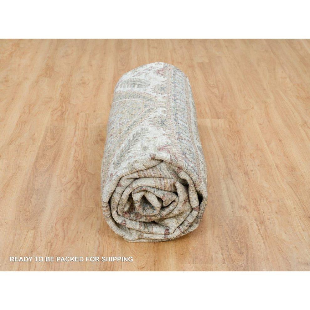 Smoky White Hand Knotted Unique Flower Rosettes Border Square Rug 13'11"x13'11"